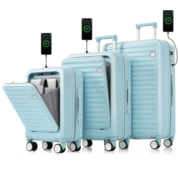 LoLado Luggage Set of 3, 20/24/28" Suitcase with USB Port and Cup Holder, 20/24" with Front Opening Design, ABS Hard Shell Travel Luggage Set with Spinner Wheels, Light Blue