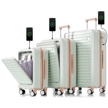 LoLado Luggage Set of 3, 20/24/28" Suitcase with USB Port and Cup Holder, 20/24" with Front Opening Design, ABS Hard Shell Travel Luggage Set with Spinner Wheels, Light Green