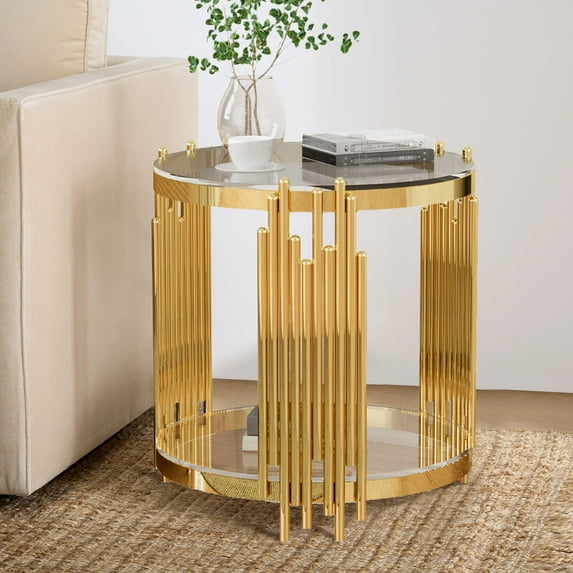 LoLado Modern Round Glass End Table,20" Sofa Side Table with Gold Stainless Steel Frame and Clear Glass Top,Tea Table,Luxury Square 2-Tier End Table with Storage Shelves,Clear