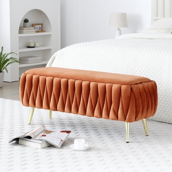 LoLado Oval Storage Bench with Gold Legs, Velvet Fabric Upholstered Ottoman Storage Bench with Diamond-Shaped Quilting Pattern for Living Room, Bedroom, Entryway, Orange