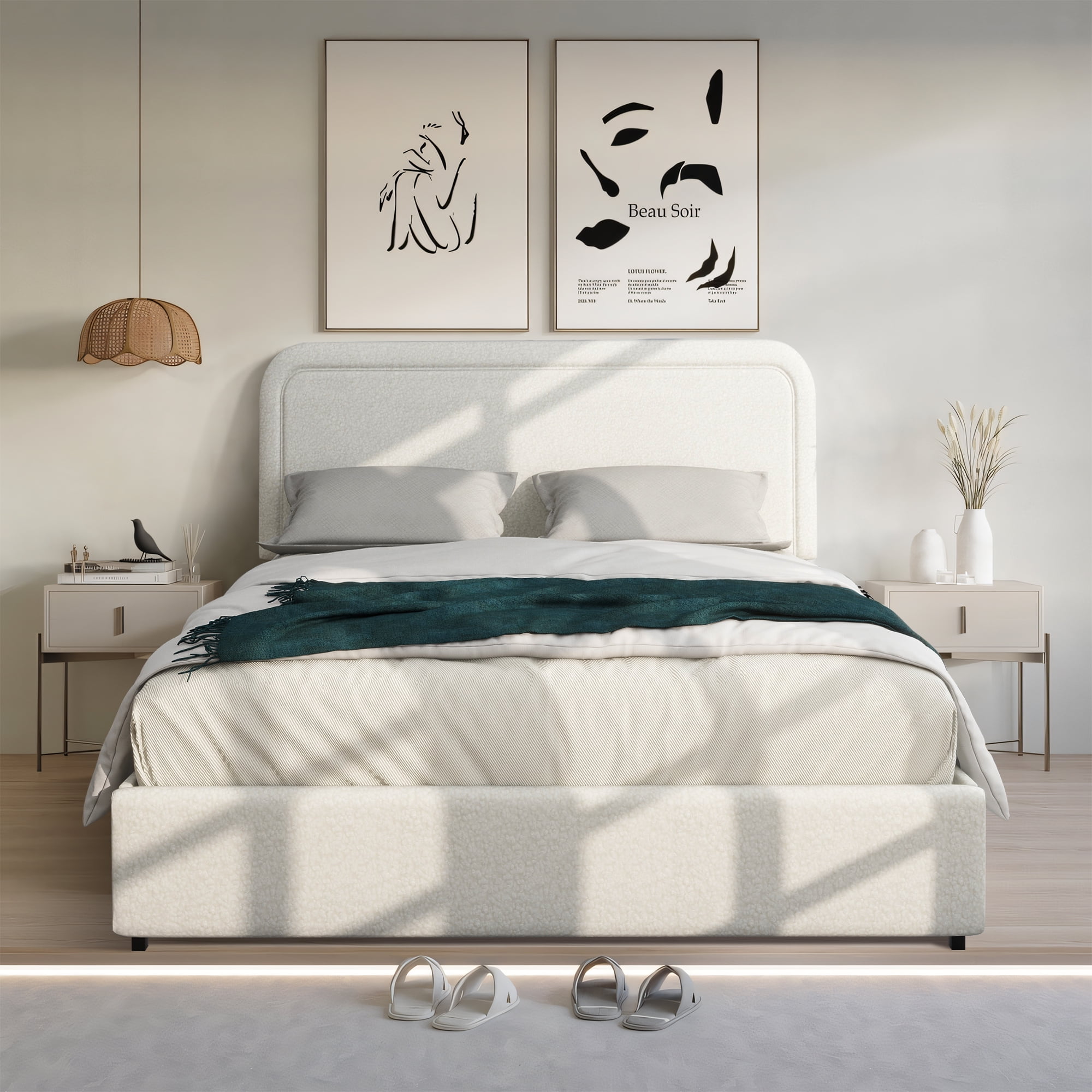 LoLado Queen Size Ivory Boucle Upholstered Platform Bed with Patented 4 ...