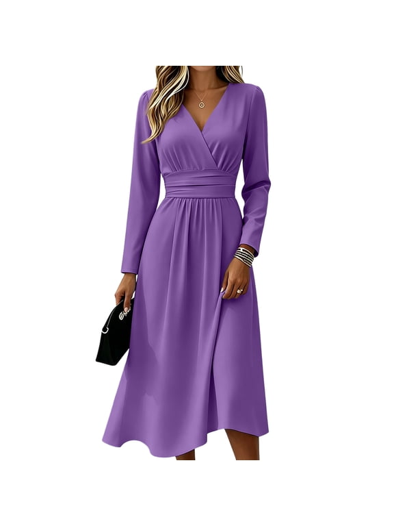 Women Long Sleeve Wrap V Neck Midi Dress Self Tie Waist Flowy A Line Swing Dress Lightweight Casual Work Party Midi Dresses For Spring Autumn