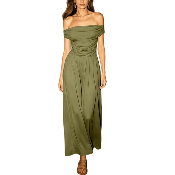 LoTiSee Women Off Shoulder Ruched Waist Maxi Dress Draped Flowy Long Dress Elegant Evening Party Wedding Guest Vacation Dress