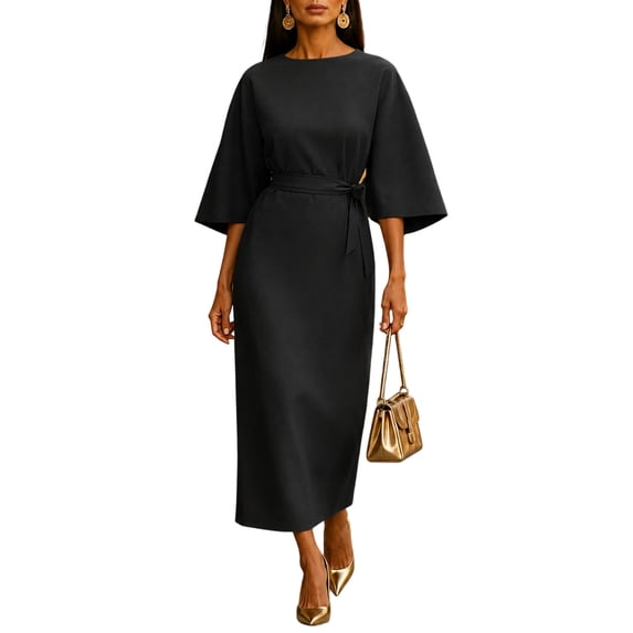 LoTiSee Women Solid Round Neck Batwing Sleeve Midi Dress Wide Waistband Front Pleated Slim Fit Elegant Office Evening Party Casual Long Dress