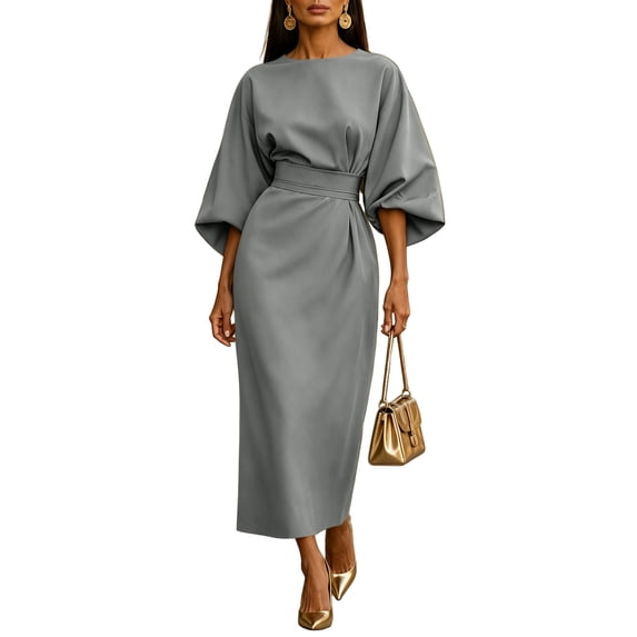 LoTiSee Women Solid Round Neck Batwing Sleeve Midi Dress Wide Waistband Front Pleated Slim Fit Elegant Office Evening Party Casual Long Dress