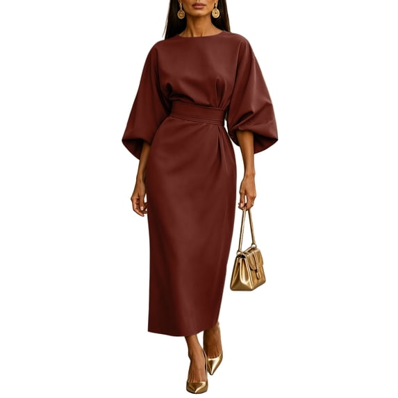 LoTiSee Women Solid Round Neck Batwing Sleeve Midi Dress Wide Waistband Front Pleated Slim Fit Elegant Office Evening Party Casual Long Dress