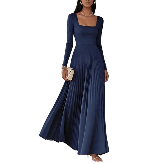 LoTiSee Women Square Neck Long Sleeve Maxi Dress High Waist Pleated Flowy Dress Elegant Wedding Guest Evening Party Formal Gown Dress