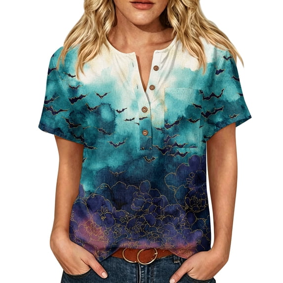 LoTiSee Women's Henley Short Sleeve Top – Cotton Linen Blend Casual Blouse with Chest Pocket for Fall & Daily Wear