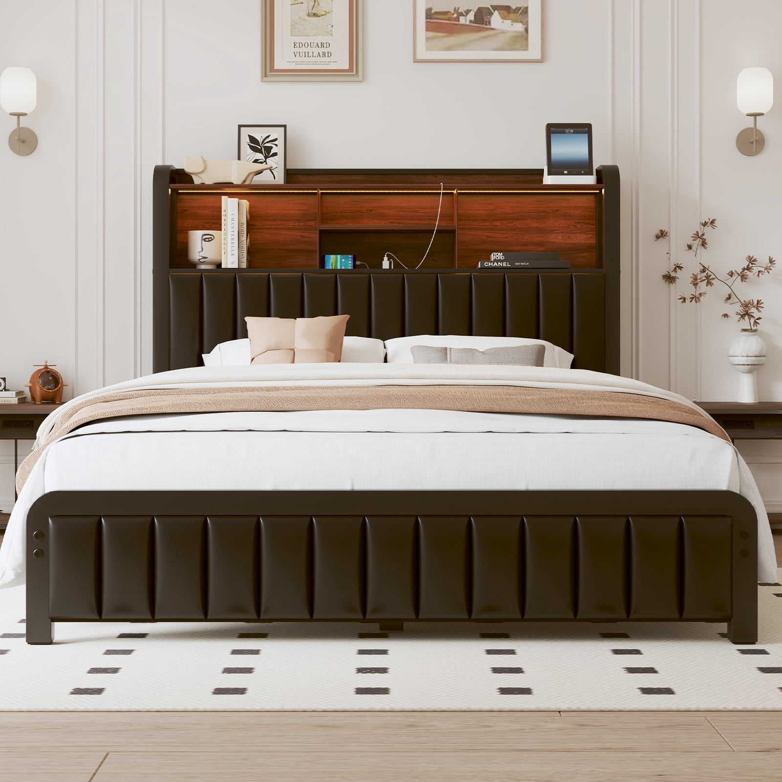 Full Bed Frame with LED Lights, Charging Station , Tall Storage Headboard