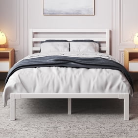 Full Size Metal Platform Bed Frame with Headboard, Heavy Duty Steel Slat Support, Under-Bed Storage, No Box Spring Needed, White