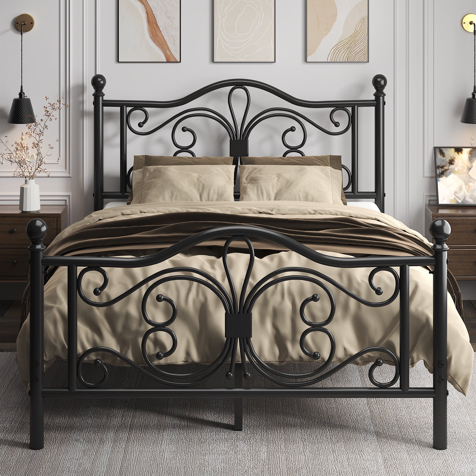 EBERY Full Size Metal Bed Frame with Butterfly Pattern Design Headboard & Footboard, Underbed Storage, Black