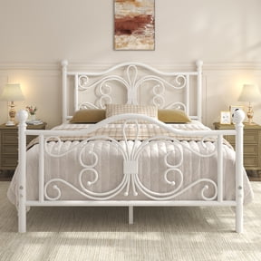 EBERY Full Size Metal Bed Frame with Butterfly Pattern Design Headboard & Footboard, Underbed Storage, White