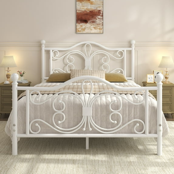 EBERY Full Size Metal Bed Frame with Butterfly Pattern Design Headboard & Footboard, Underbed Storage, White