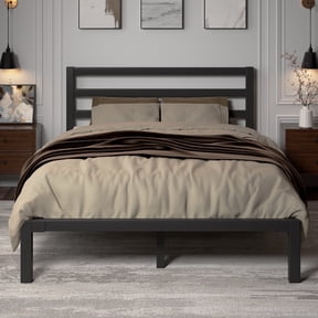 Full Size Metal Platform Bed Frame with Headboard, Heavy Duty Steel Slat Support, Under-Bed Storage, No Box Spring Needed, Black