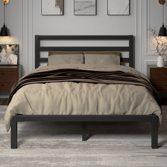 Full Size Black Metal Bed Frame with Headboard, Heavy Duty Sturdy Platform Bed, No Box Spring Needed, Easy Assembly, Noise-Free, Modern Style Bedroom Furniture