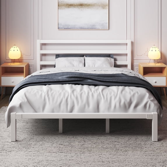 King Size Metal Platform Bed Frame with Headboard, Heavy Duty Steel Slat Support, Under-Bed Storage, No Box Spring Needed, White