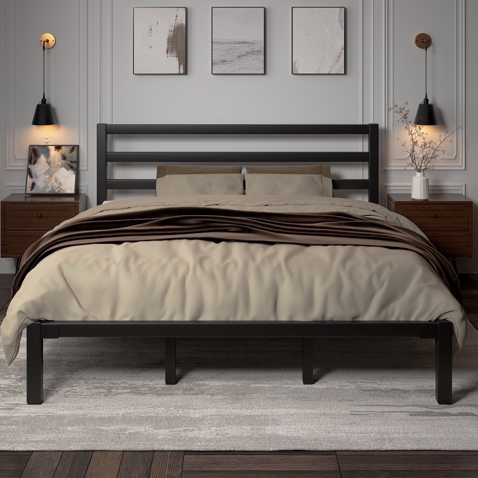 King Size Metal Platform Bed Frame with Headboard, Heavy Duty Steel Slat Support, Under-Bed Storage, No Box Spring Needed, Black