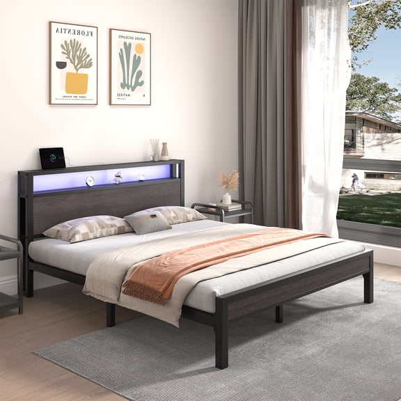 EBERY Full Size Bed Frame with Storage Headboard, Industrial Platform Bed with Charging Station and LED Lights, Grey