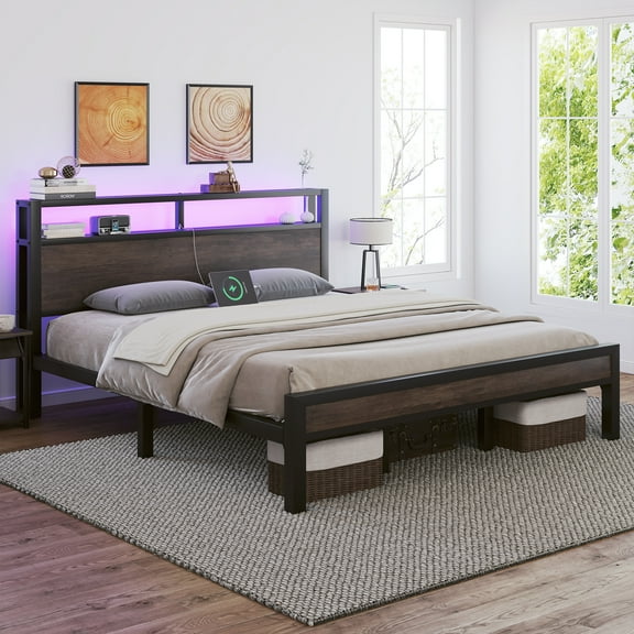 EBERY King Size Bed Frame with Storage Headboard, Industrial Platform Bed with Charging Station and LED Lights, Grey