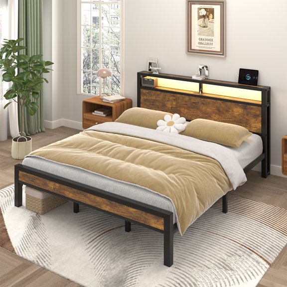 EBERY King Size Bed Frame with Storage Headboard, Industrial Platform Bed with Charging Station and LED Lights, Rustic Brown