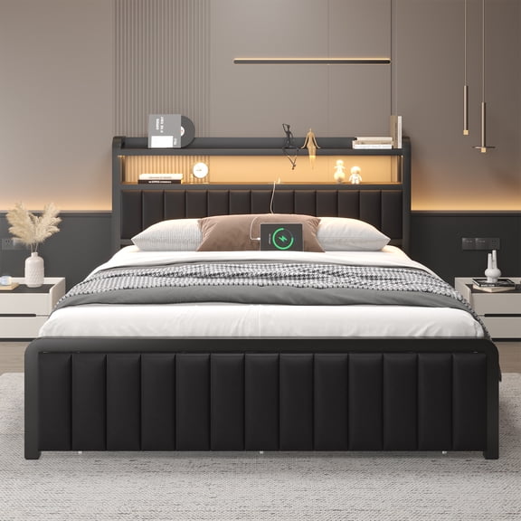 Full Size Bed Frame with Storage Drawer, LED Upholstered Platform Bed with Charging Station, Metal Slats, Black