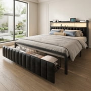 Full Size Bed Frame with Storage Drawer, LED Upholstered Platform Bed with Charging Station, Metal Slats, Black