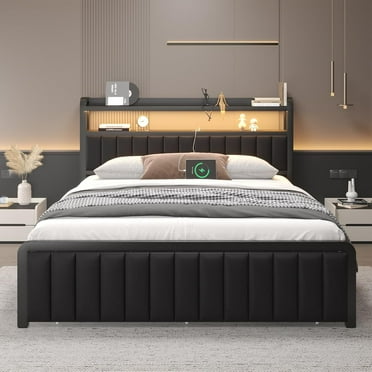 LoVinson Modern Full Size Storage Headboard Industrial Platform Bed with Charging Station, Black