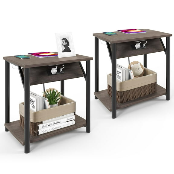 LoVinson Nightstand with Charging Station for Bedroom, Set of 2