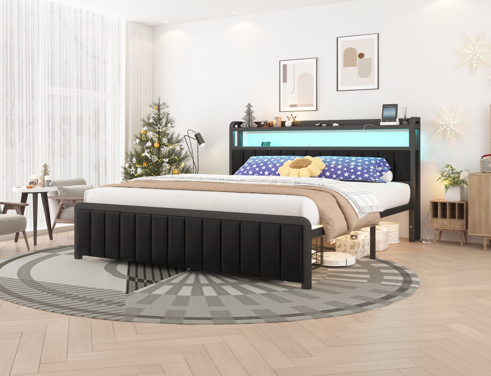 Queen Size Bed Frame with Storage Drawer, LED Upholstered Platform Bed with Charging Station, Metal Slats, Black