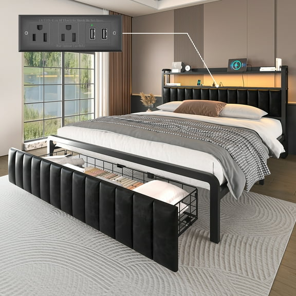 LED Bed Frame Queen Size with Headboard, Charging Station, Metal Platform Bed Frame with Storage Drawer, No Box Spring Needed, Black