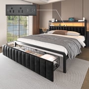 Queen Size Bed Frame with Storage Drawer, LED Upholstered Platform Bed with Charging Station, Metal Slats, Black