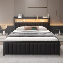 Queen Size Bed Frame with Storage Drawer, LED Upholstered Platform Bed with Charging Station, Metal Slats, Black