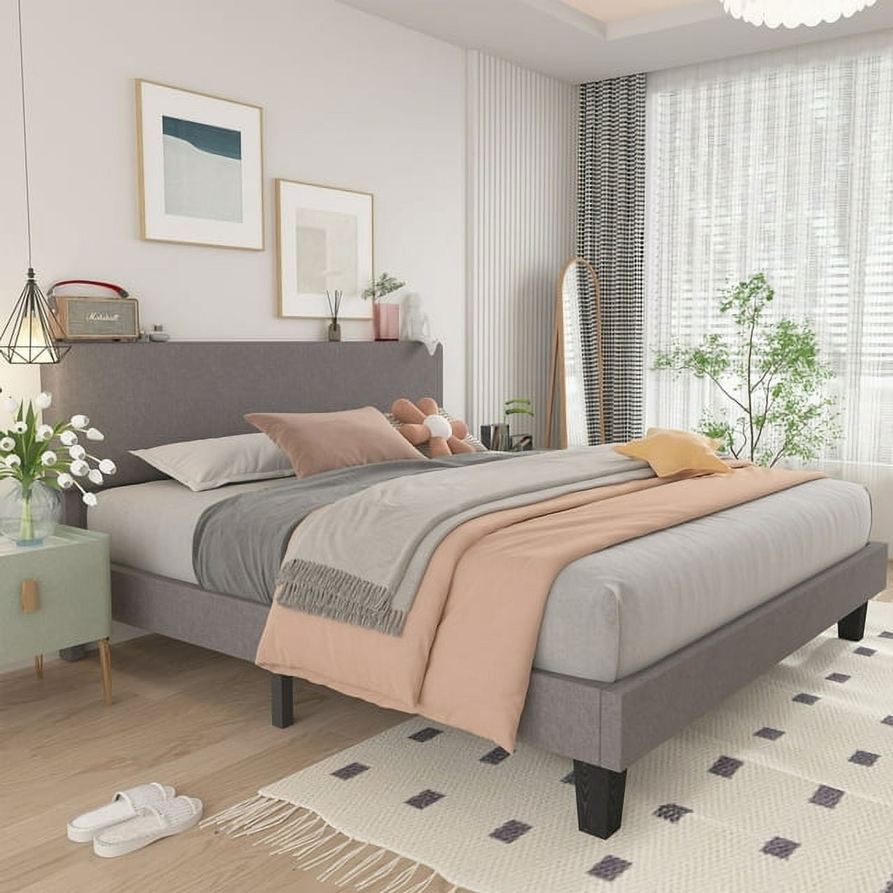 Mecor upholstered linen platform sale size bed metal frame