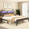LoVinson LED Queen Bed Frame Metal Platform Bed with Headboard , Gray