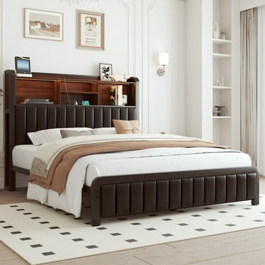 LoVinson Queen Size LED Bed Frame with Storage Headboard , Metal Platform Bed with Chaging Station, Vintage Brown & Black