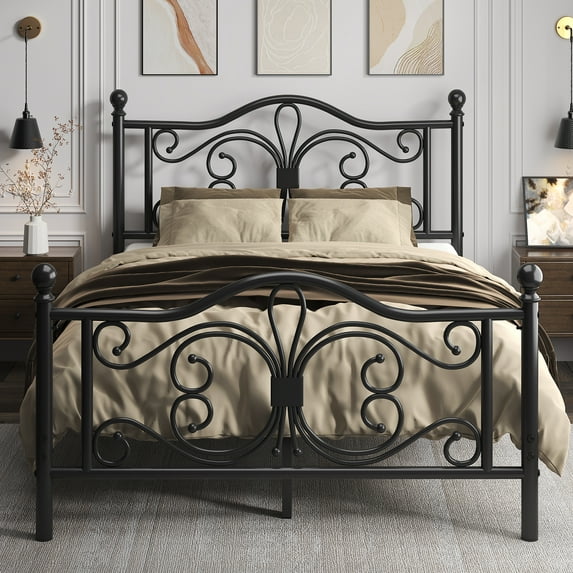 EBERY Queen Size Metal Bed Frame with Butterfly Pattern Design Headboard & Footboard, Underbed Storage, Black