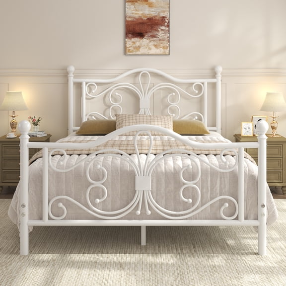 EBERY Queen Size Metal Bed Frame with Butterfly Pattern Design Headboard & Footboard, Underbed Storage, White