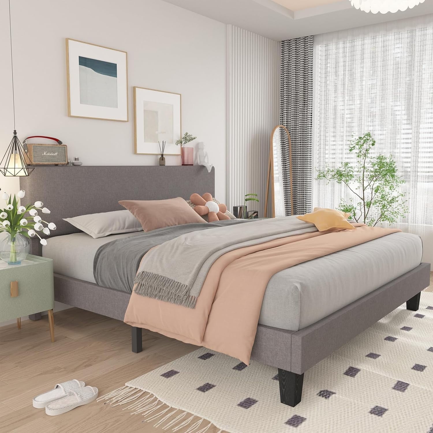 Asofer Queen Size Wooden Slats Bed Frame with Upholstered