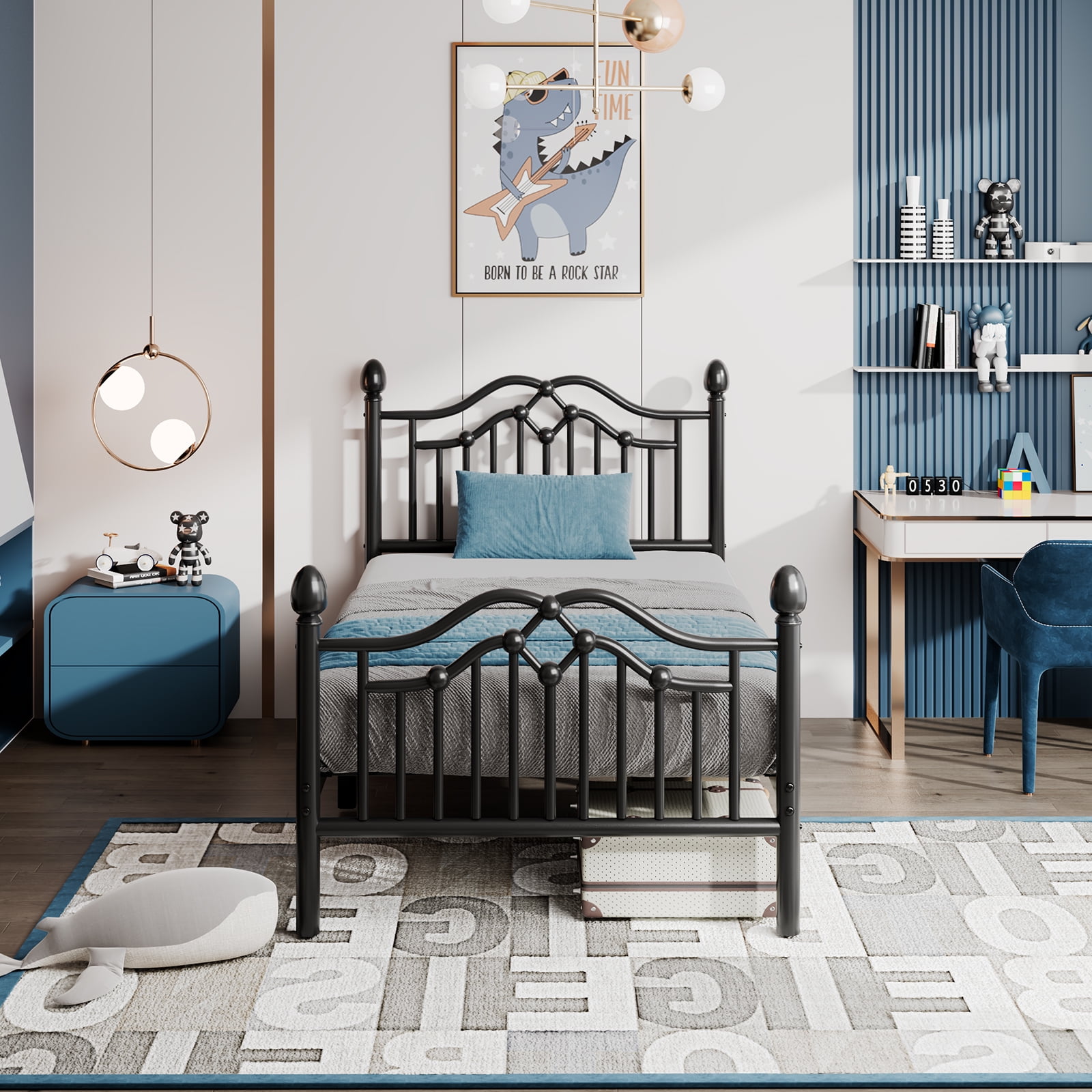 Twin Black Metal Frame Bed with Decorative Headboard and Slats