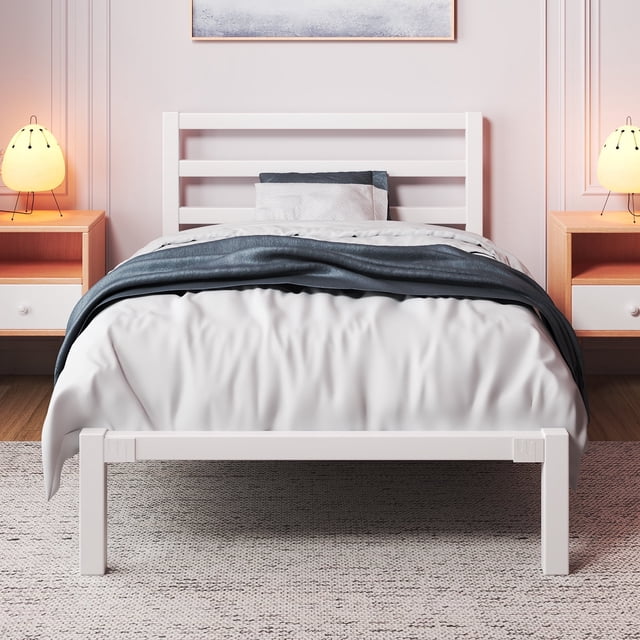 Twin Size Metal Platform Bed Frame with Headboard, Heavy Duty Steel Slat Support, Under-Bed Storage, No Box Spring Needed, White