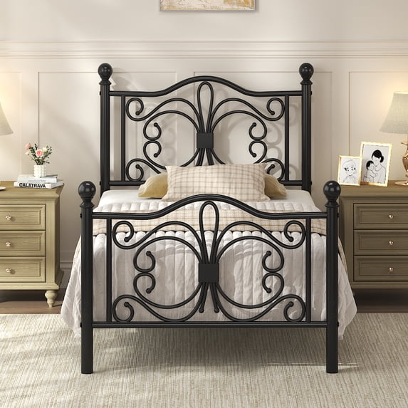 EBERY Twin Size Metal Bed Frame with Butterfly Pattern Design Headboard & Footboard, Black