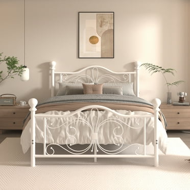 LoVinson Twin Size Metal Bed Frame with Butterfly Pattern Design Headboard & Footboard, Underbed Storage, White