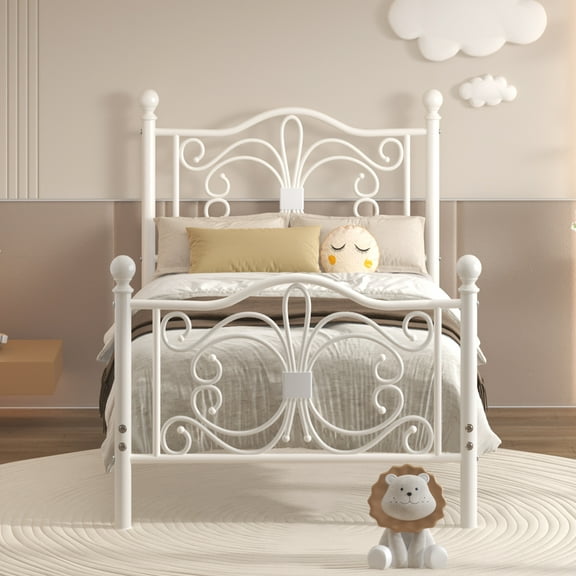 EBERY Twin Size Metal Bed Frame with Butterfly Pattern Design Headboard & Footboard, Underbed Storage, White