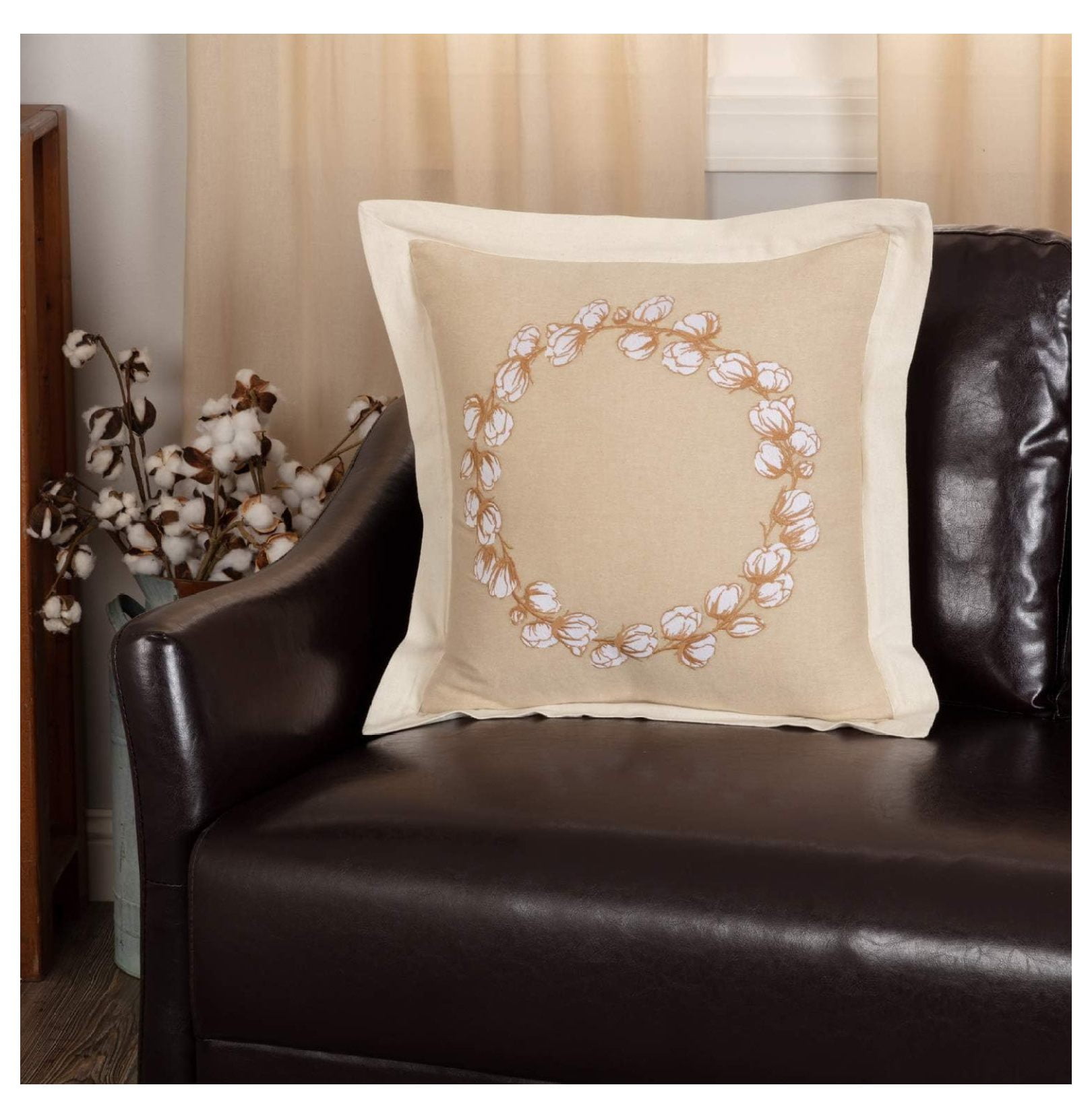 Ashmont Tan and Cream Embroidered Cotton Square Pillow