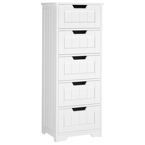 LoWyiL Bathroom Floor Cabinet with 5 Drawer Dresser, with Avoid-Tipping Device, White, Freestanding Side Tall Storage Cabinet Narrow Drawers for Small Spaces