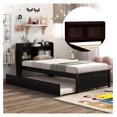 LoWyiL Bed with Trundle, Bed Frame with Bookcase Headboard, Wood