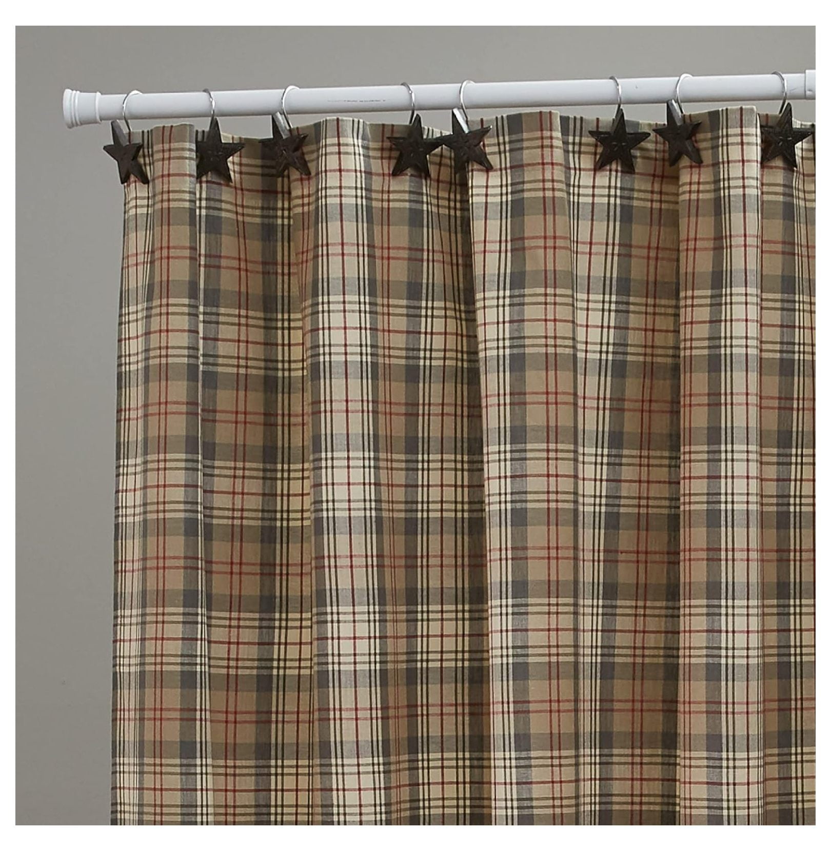 Plaid Earthtone Fabric Shower Curtain with Red Accents