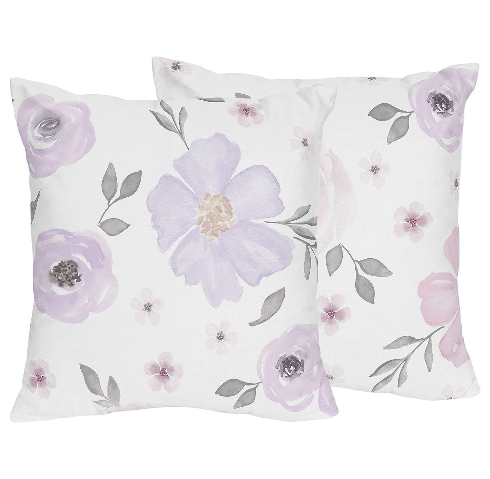 Lavender and Grey Watercolor Floral Square Pillow Set