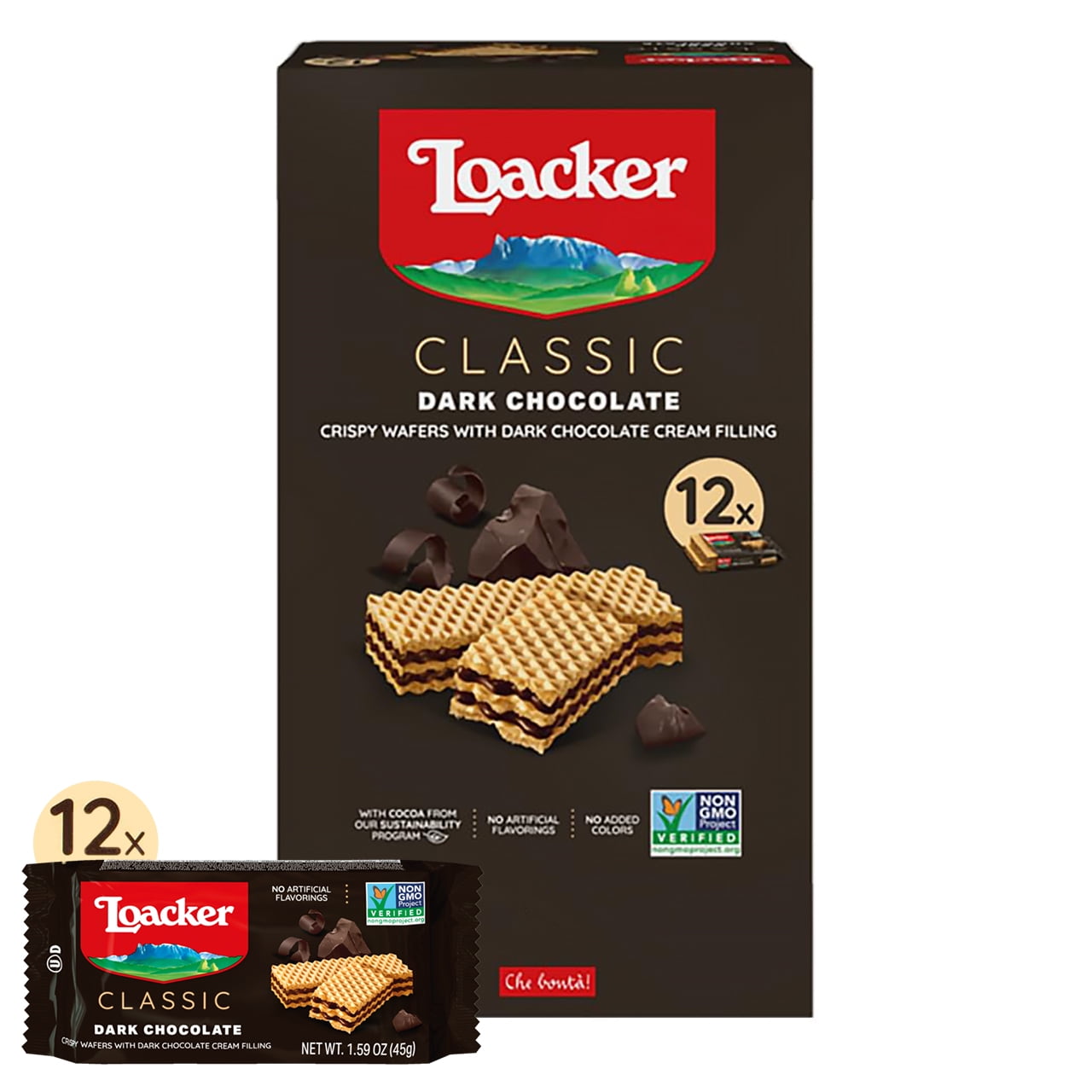 Loacker Classic Dark Chocolate Wafers, Crme-Filled Wafer Cookies, 1.59oz, Pack of 12