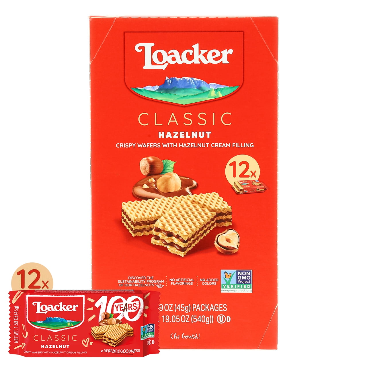 Loacker Classic Hazelnut Wafers, Non-GMO Crme-Filled Wafer Cookies, 45g/1.59oz, Pack of 12